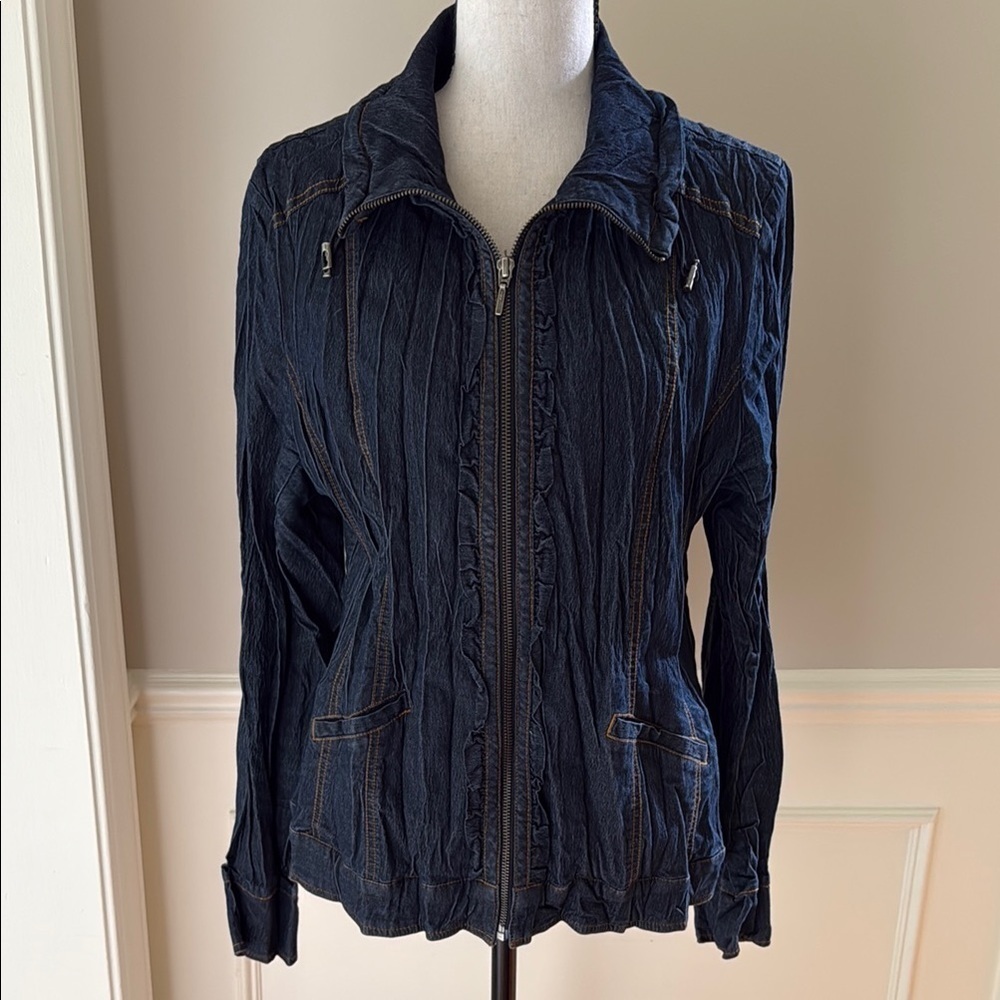 Tribal Jeans Women 14 Crinkle Denim Full Zip Jean Jacket